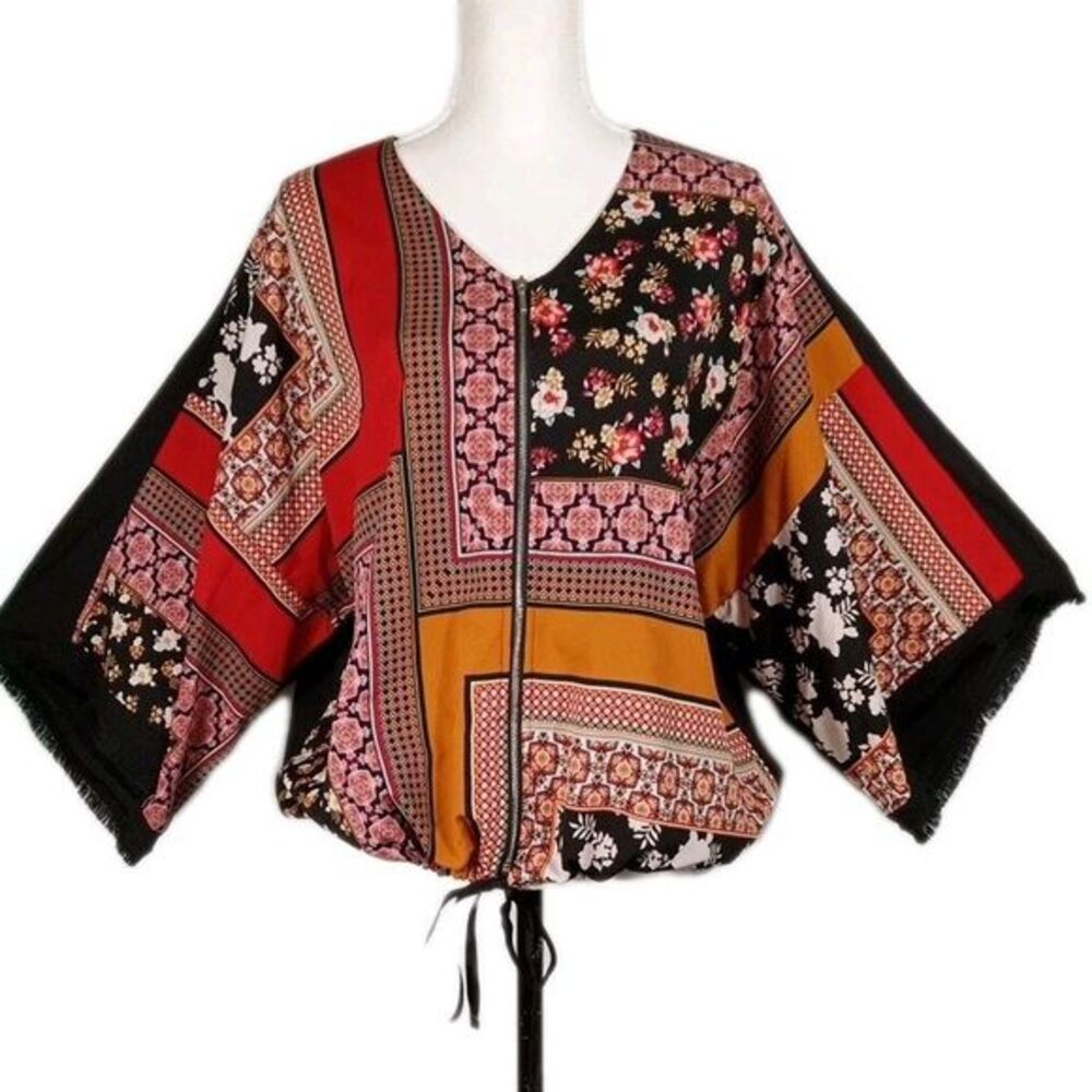 CHICOS 2 Kimono Sleeve Patchwork Zip Front Blouse Sz  L‎ Geometric Floral Boho